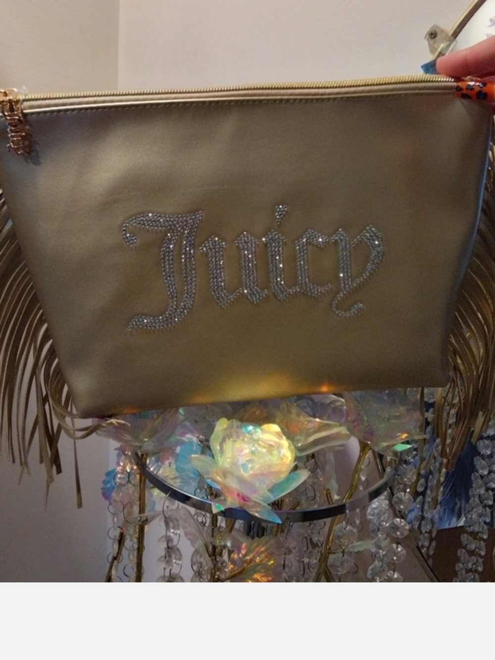 Juicy Couture Metallic Gold Fringe Cosmetic Bag w/ Rhinestone Logo New - Picture 2 of 4